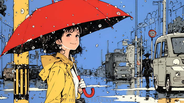 イラスト：雨の中を傘をささずに歩く若い女性