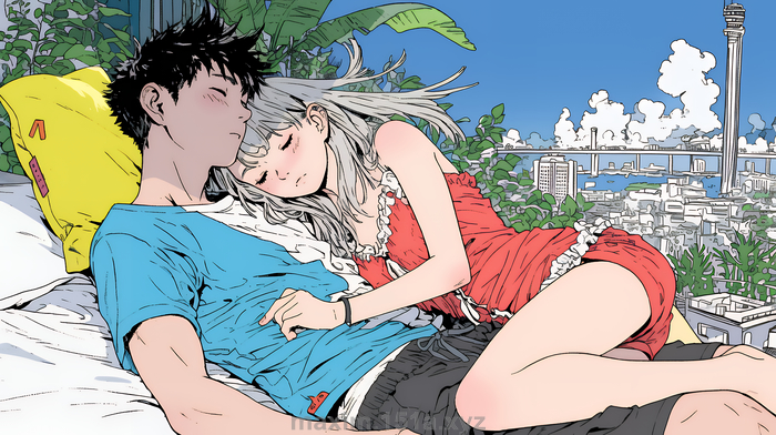 寄り添いながら穏やかに眠る若いカップル