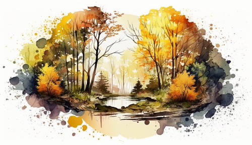             秋の落葉樹林と泉-水彩画        