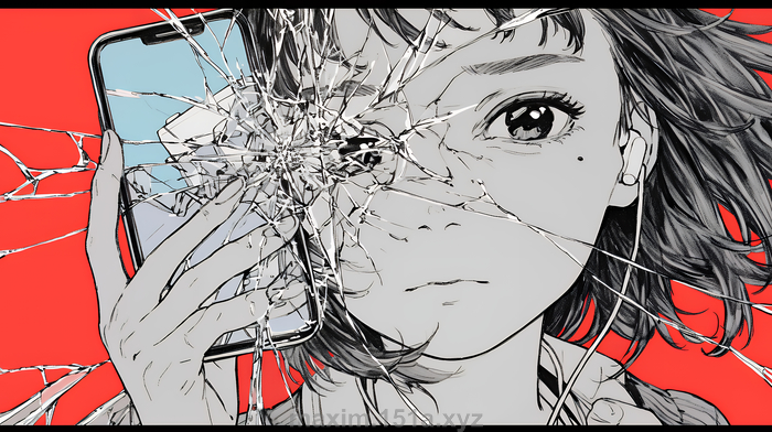 イラスト：画面が壊れたスマホを手に持つ若い女性