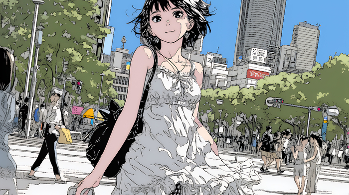 イラスト：夏の昼下がり、白いドレスを着て街歩きをしている若い女性