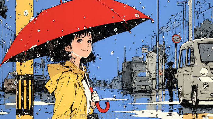 イラスト：雨の日に傘をさして歩く若い女性