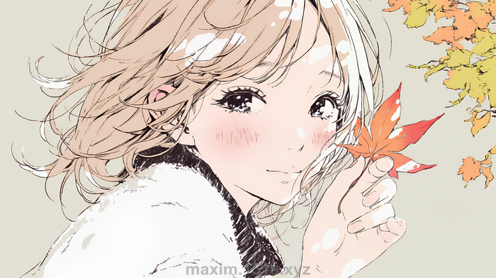 【新作紹介】落ち葉をつまんで眺める若い女性｜秋を感じる女性のイラスト