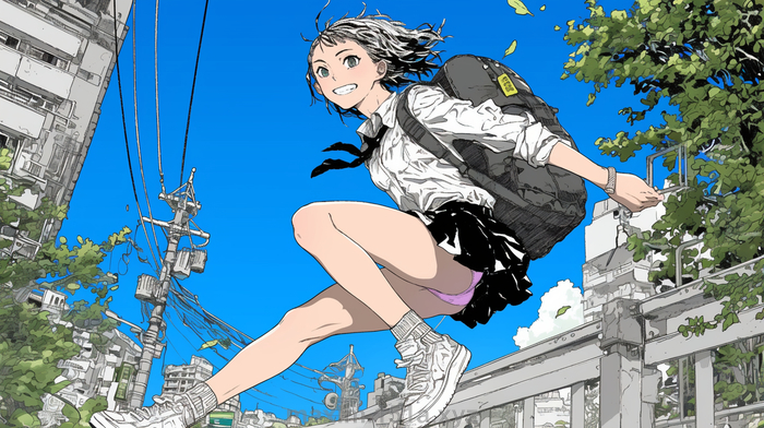 イラスト：元気よく駆け回っている女子高生：元気すぎてパンチラ
